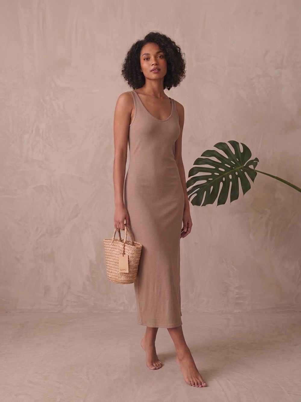 NEW Enza Costa Tan Silk Rib Maxi Tank Dress L